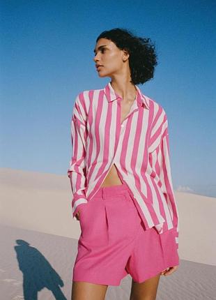 Женские розовые шорты zara льняные с защипами и высокой посадкой xs 42