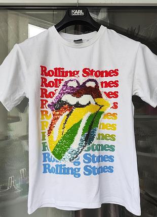 Крутая белая футболка the rolling stones с пайетками-перевертышами