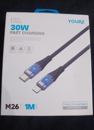 Кабель yourz m26 — это модель типа c to lightning с функцией быстрой зарядки 30 вт и длиной 1 метр.
