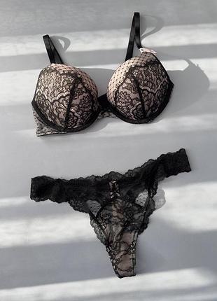 Комплект білизни victoria’s secret чорний мереживний push-up, бюстгальтер на кісточках + трусики, розмір 36a + s, m, l