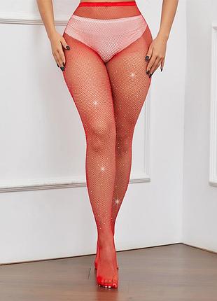 Колготки зі стразами в сіточку червоні one size