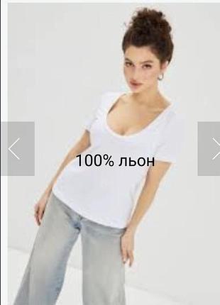 Високоякісна лляна біла футболка с кішенькою