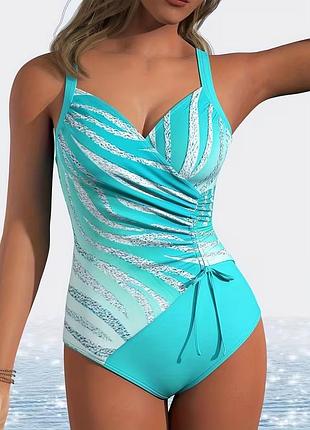 👙суцільний купальник з драпіровкою з наліпкою🩵