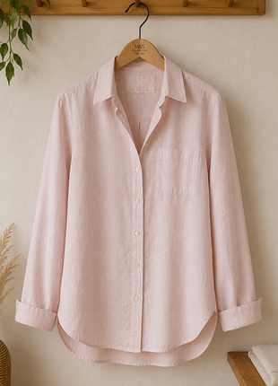 Льняная рубашка m&s pure linen 100% лен пудрово-розовая oversize uk18 eur46