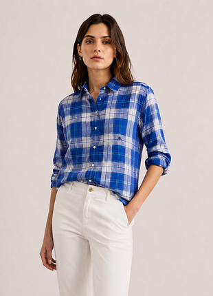 Льняная рубашка lauren ralph lauren 100% лен l синяя в клетку