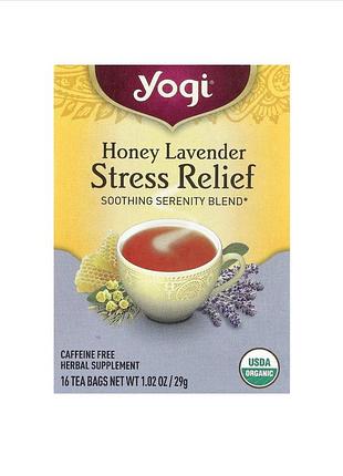 Yogi tea, чай для снятия стресса, мед и лаванда, без кофеина, 16 пакетиков