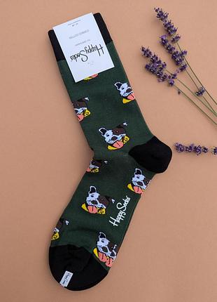 Шкарпетки чоловічі happy socks темно-зелені песики демісезонні, хакі 2701832