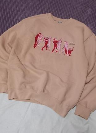 Свитшот бежевый оверсайз с интересным актуальным принтом los angeles apparel 14 oz heavy fleece (usa cotton, shrink free)