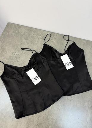 Черный топ в бельевом стиле zara сатиновая майка на тонких бретелях зара комбинация корсет