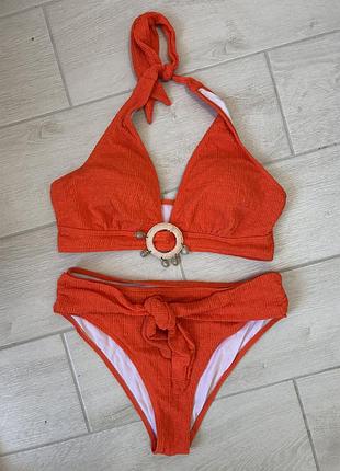 Женский раздельный купальник shein xl 2xl оригинал шеин оранжевый оранжевый топ с чашечками плавки с завязками стан идеал