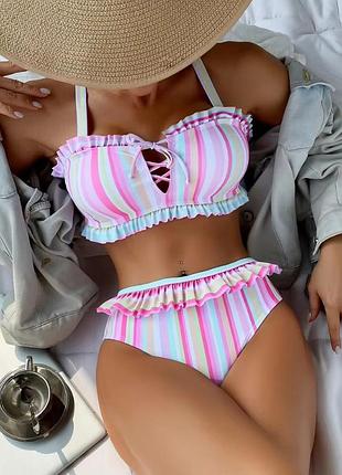 Раздельный купальник пляжный комплект бикини в полосатый принт shein swim с рюшами р.50-52\xl лиф-топ с-d