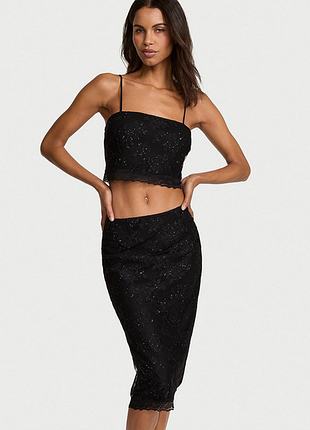 Victoria's secret very sexy топ и юбка rose lace shimmer crop top skirt set