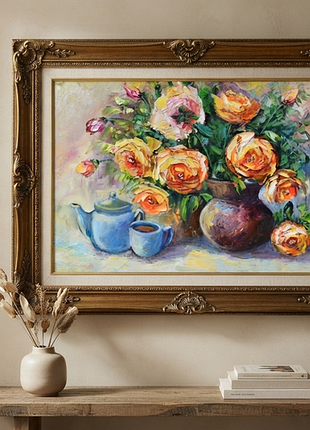 Картина маслом «чайки с розами», 25х35 см, импасто, лак