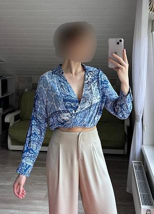 Zara віскозна морська літня сорочка коротка кроп топ