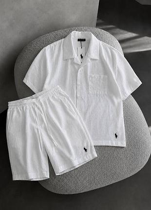 Льняной костюм шорты + рубашка polo white лен