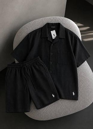 Льняной костюм шорты + рубашка polo black лен