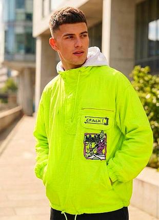 Вітрівка анорак куртка спорт чоловіча  вінтажний  анорак люкс преміум benger sportswear неоново-зеленого кольору l xl xxl