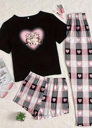 Мягкий эластичный материал 💞 пижама тройка с котиками и сердечками 💞 комплект футболка, шорты и штаны 💞 домашний костюм размер м