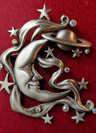 Луна со звездами брошь винтажная jonette jewelry