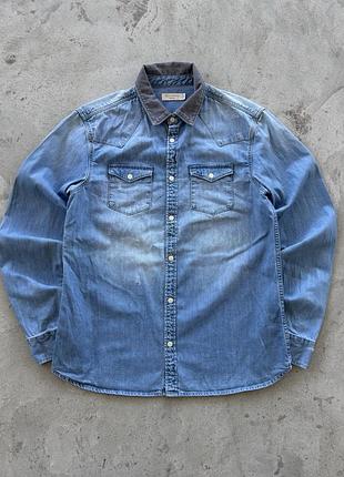 Рубашка allsaints синяя мужская брендовая m джинсовая вельветовый воротник оригинал рубашка ковбойская кэжуал винтажная