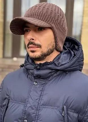 Шапка чоловіча віскозна з відворотом та козирком утеплена флісом caskona cap josef никель
