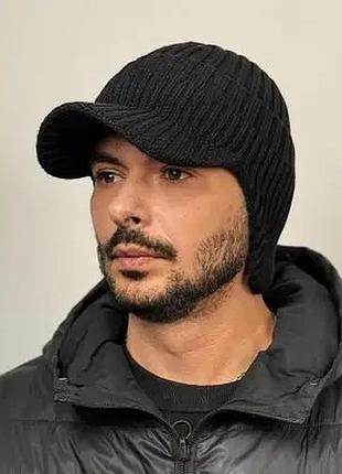 Шапка чоловіча віскозна з відворотом та козирком утеплена флісом caskona cap josef чорний