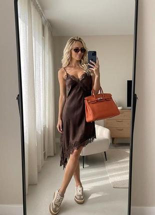 Блуза-комбінація шовк armani з мереживом, тонкі бретелі, м’яка посадка, шоколад, розмір l