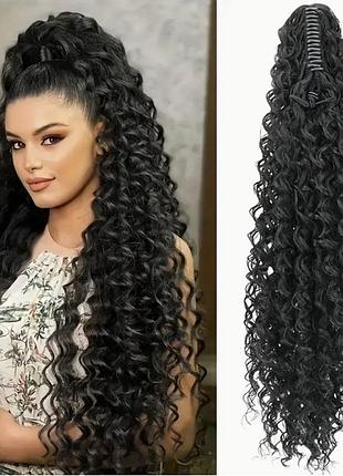 Хвіст шиньйон афрокучері чорний 61 см на крабі із термоволокна густой