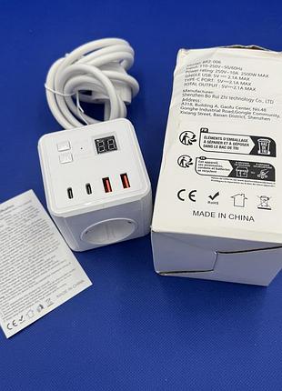 Подовжувач-трійник з портами usb і type-c. три звичайних розетки та по два порти usb і type-c. загальна потужність — до 2,5 кіловатів. порти usb і type-c сум