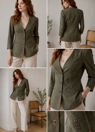 Натуральный шелковый жакет gerry weber 100% silk оливковый хаки приталенный