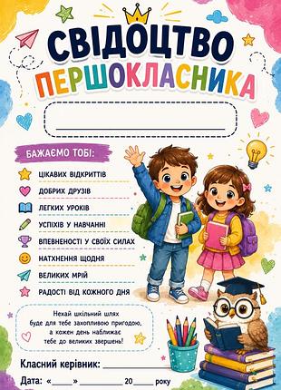 Свидетельство первоклассника удостоверения диплом 1 класс формата а4