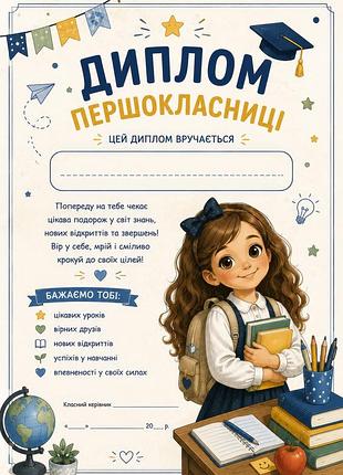 Диплом первоклассницы свидетельство удостоверения а4 формат для девочки