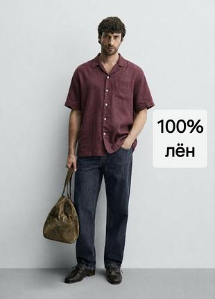 100% лён, фактурная рубашка с коротким рукавом от marks&spencer,  l-xl