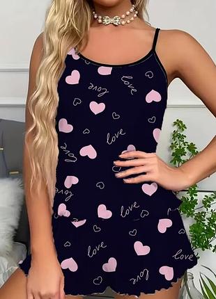 Принт з сердечками 💕 чорна піжама двійка 💕 комплект майка і шорти 💕 домашній костюм l