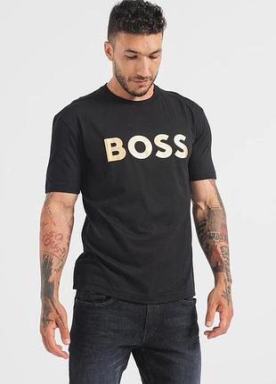 Чоловіча чорна футболка hugo boss із золотистим логотипом оригінал