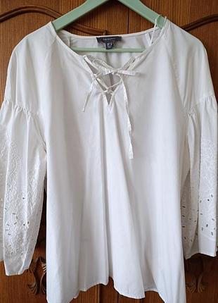 Бавовняна біла блуза primark з вишивкою рішельє та шнурівкою, р. 52 (eur 46 / uk 18)