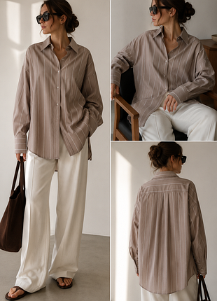 Рубашка weekday oversize 100% хлопок taupe в полоску scandinavian style m/l/xl