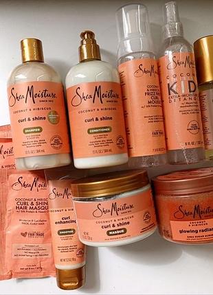 Sheamoisture coconut and hibiscus curl & shine,  шампунь, кондиціонер, маска, мусс, мило