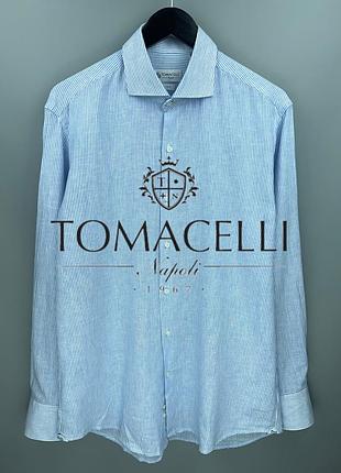 Tomacelli napoli льняна сорочка чоловіча у смужку біло блакитну льон італія розмір l