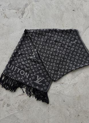 Шарф louis vuitton logomania сірий чорний шерстяний з бахромою брендовий оригінал монограм