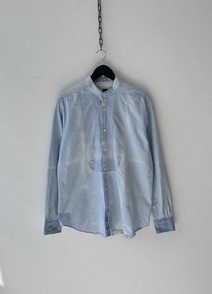 Сорочка чоловіча eleventy italy men's tuxedo pleated denim shirt xl 43 mandarin band collar blue