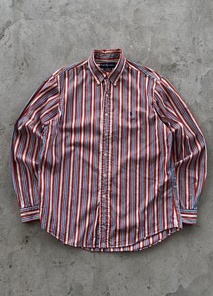 Сорочка ralph lauren custom fit чоловіча в смужку червона біла синя брендова оригінал розмір l