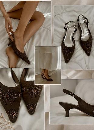 Вінтажні атласні мюлі  шоколадні мюлі vamp by design shoes з вишивкою бісером кітен хіл