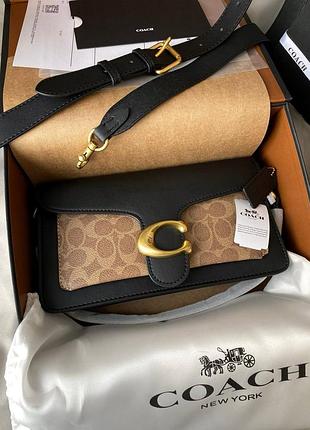 Брендовая сумка coach premium натуральная кожа черно бежевая трендовая сумочка с комплектом и документами люкс стильный подарок девушке
