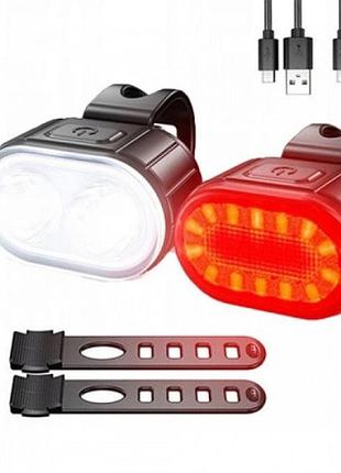 Велофонарь аккумуляторный передний и задний zh-078-2led фонарь + stop-14smd, стоп-сигнал на заднюю раму