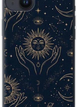 Чехол на iphone 14 plus celestial harmony: sun & moon gold mystic pattern из силикона fch_0155271