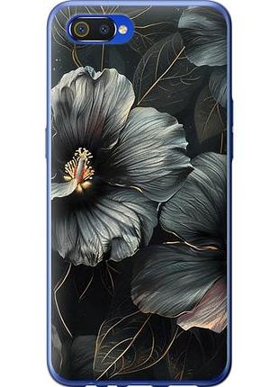 Чехол на realme c2 черные цветы из силикона fch_0154503
