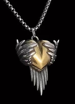 Кулон мужской heart wings с цепочкой, подвеска, украшение на шею из медицинской стали под серебро