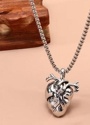 Кулон мужской real heart с цепочкой, подвеска, украшение на шею из медицинской стали под серебро