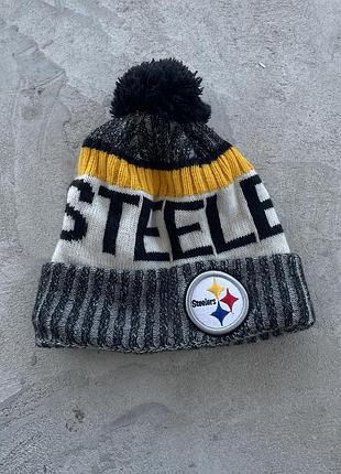Шапка new era pittsburgh steelers з помпоном в'язана зимова на флісі з флісовою підкладкою американський футбол nfl оригінал one size тепла сіра жовта